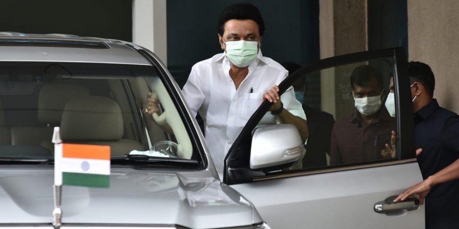 Tamil Nadu Chief Minister MK Stalin leaves after chairing the all-party meeting in Chennai on Monday