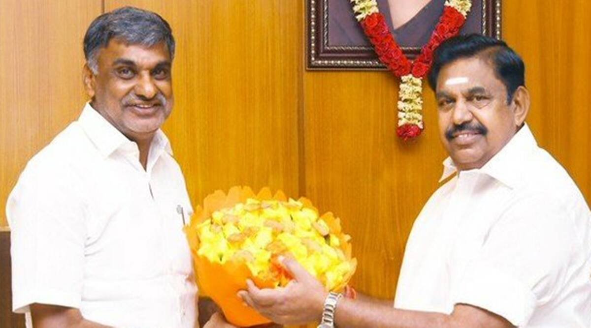 Former Tamil Nadu Minister for Commercial Taxes K C Veeramani (L) with AIADMK leader and former Chief Mibister Edappadi K Palaniswami. 