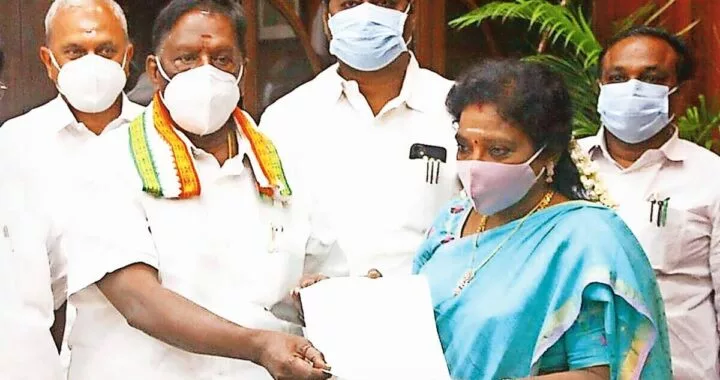 V Narayanasamy submits his resignation to Governor Tamilisai Soundararajan on Monday.