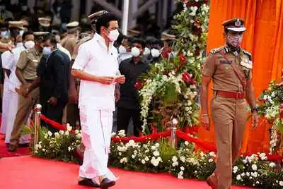 Chief minister M K Stalin and DGP C Sylendra Babu at a passing out parade at the Tamil Nadu Police Academy in Chennai on Thursday.