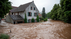 Houses are submerged on the overflowed river banks in Erdorf, Germany, as the village was flooded on Thursday.