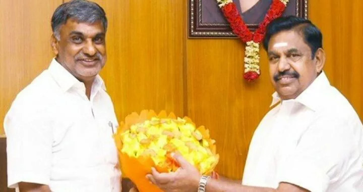 Former Tamil Nadu Minister for Commercial Taxes K C Veeramani (L) with AIADMK leader and former Chief Mibister Edappadi K Palaniswami.